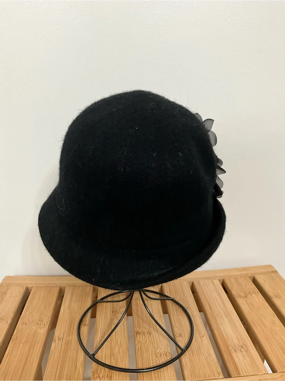 August Hat Company Black Wool Blend Cloche Hat Floral Pearl Accent 22.75”